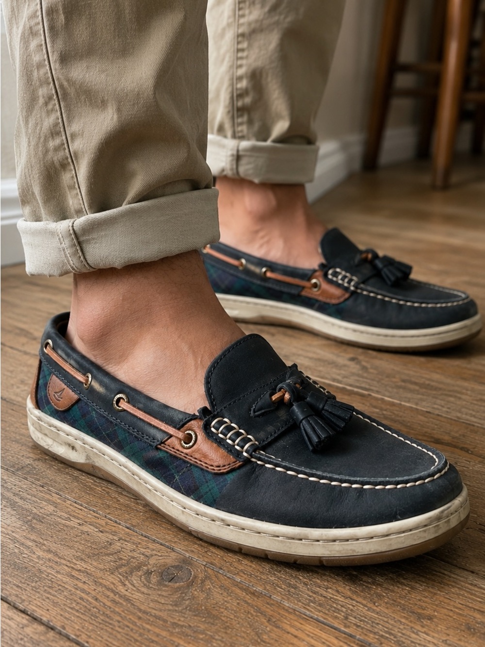 Sperry Top-Sider Tassel Boat Shoes Plaid Leather Men’s US 9